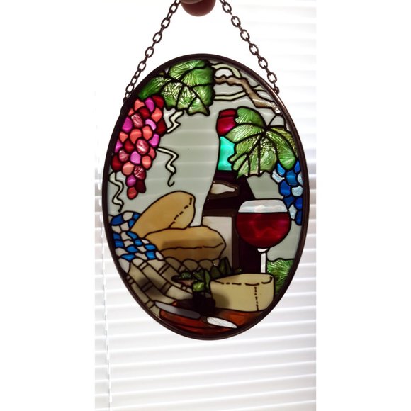 Wine🍷 and Cheese🧀 Handpainted Glass Suncatcher☀ by Joan Baker Designs ✨ - Picture 4 of 5